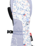 The 686 Youth Heat Insulated Mitt 2025 has a white background with blue and pink flowers and a light purple trim.