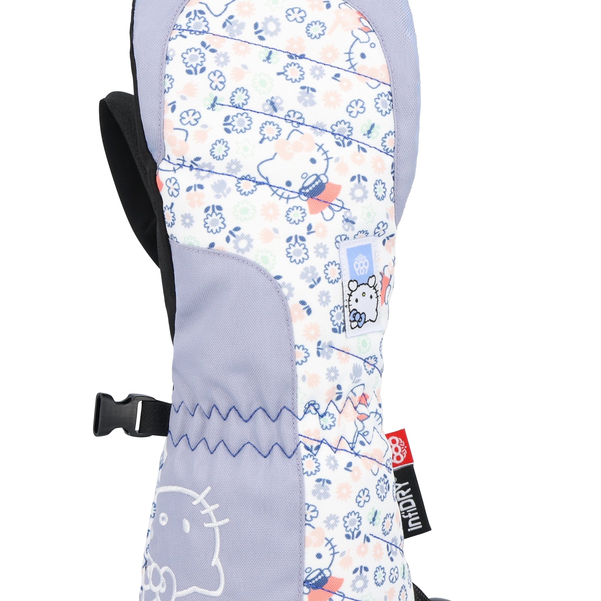 The 686 Youth Heat Insulated Mitt 2025 has a white background with blue and pink flowers and a light purple trim.