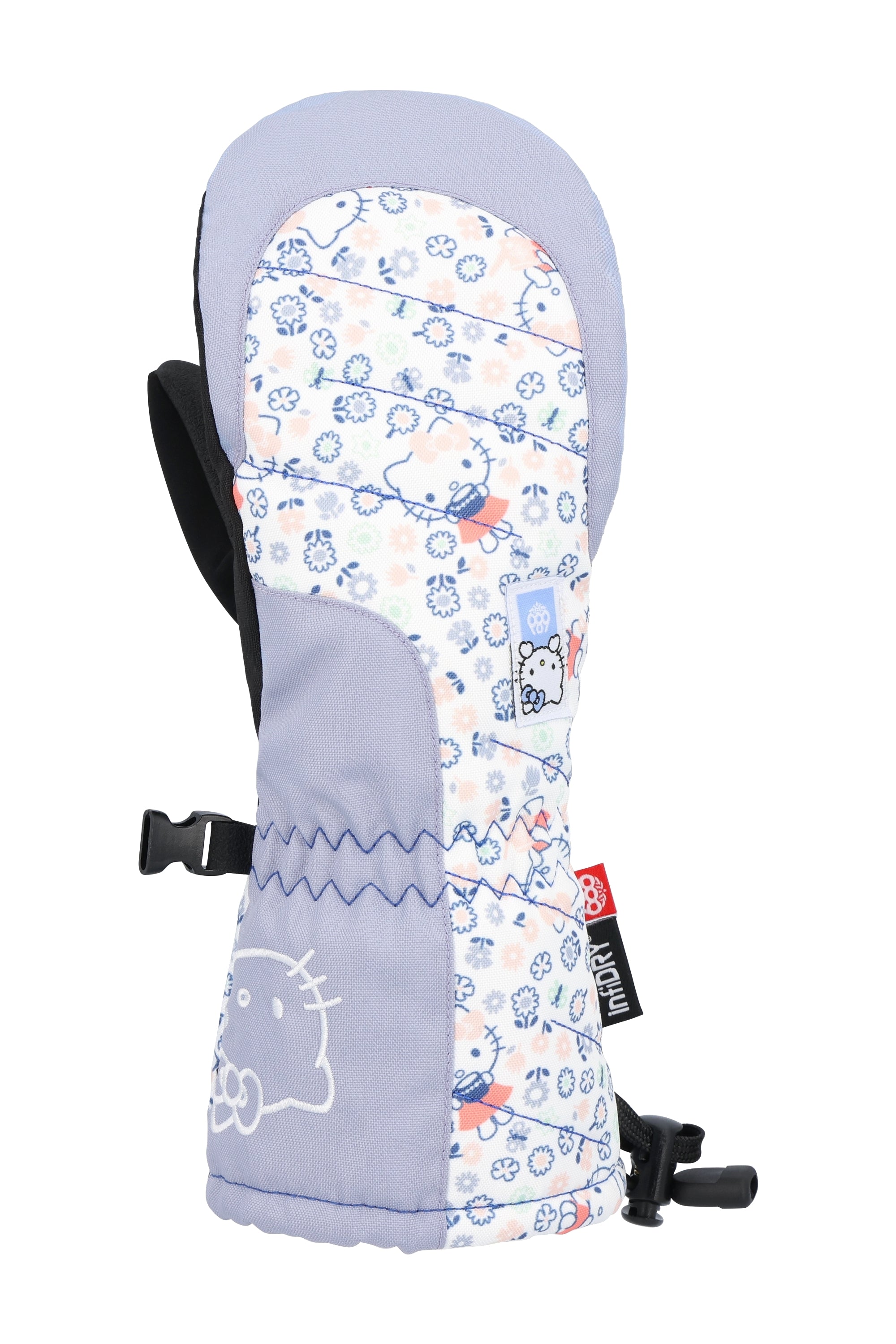 The 686 Youth Heat Insulated Mitt 2025 has a white background with blue and pink flowers and a light purple trim.
