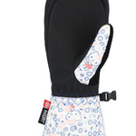 The 686 Youth Heat Insulated Mitt has a black exterior with an orange and white snowflake pattern.