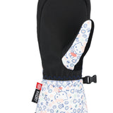 The 686 Youth Heat Insulated Mitt has a black exterior with an orange and white snowflake pattern.