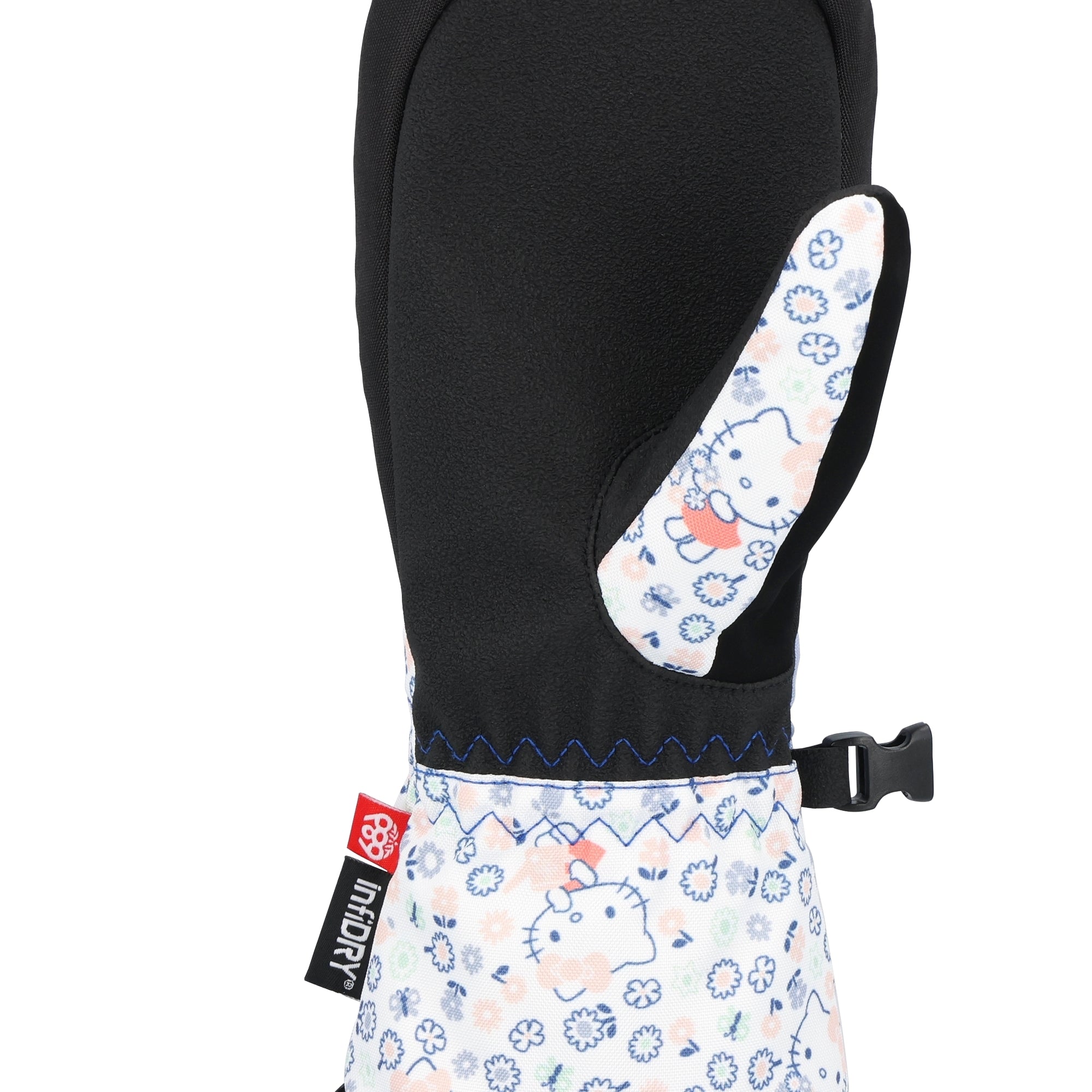 The 686 Youth Heat Insulated Mitt has a black exterior with an orange and white snowflake pattern.