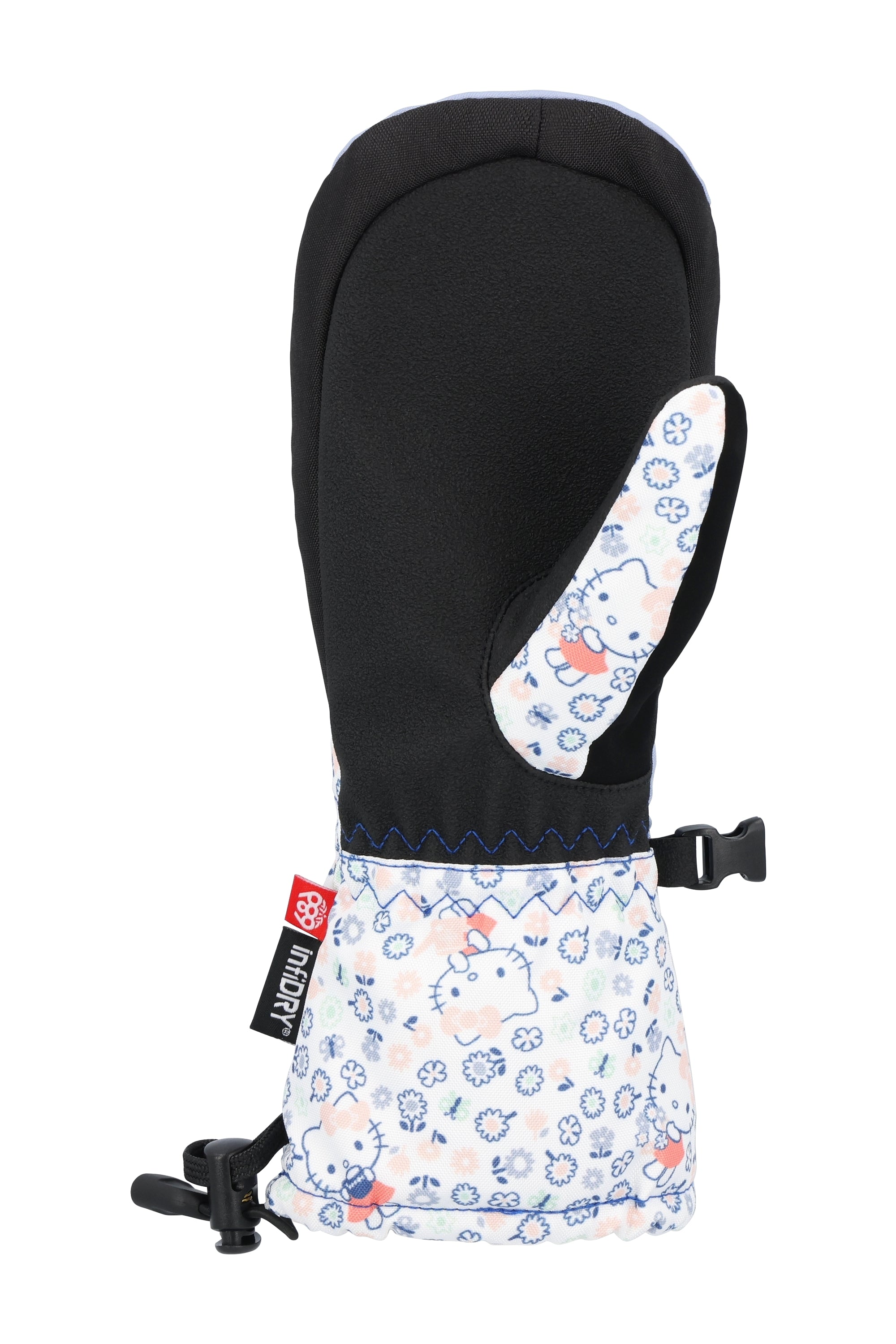 The 686 Youth Heat Insulated Mitt has a black exterior with an orange and white snowflake pattern.