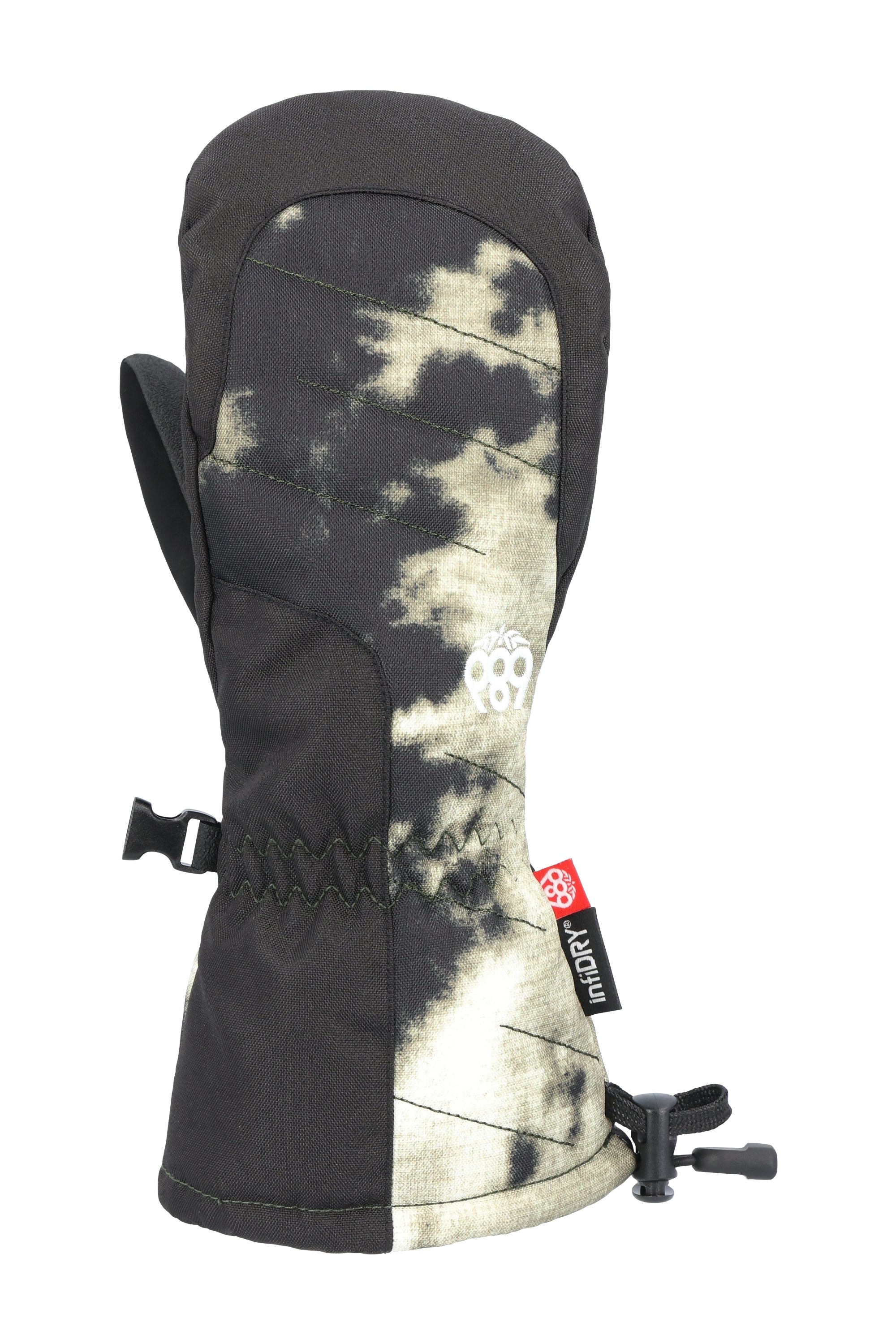 The 686 Youth Heat Insulated Mitt 2025 has a black and gray camouflage pattern with an insulated hood.