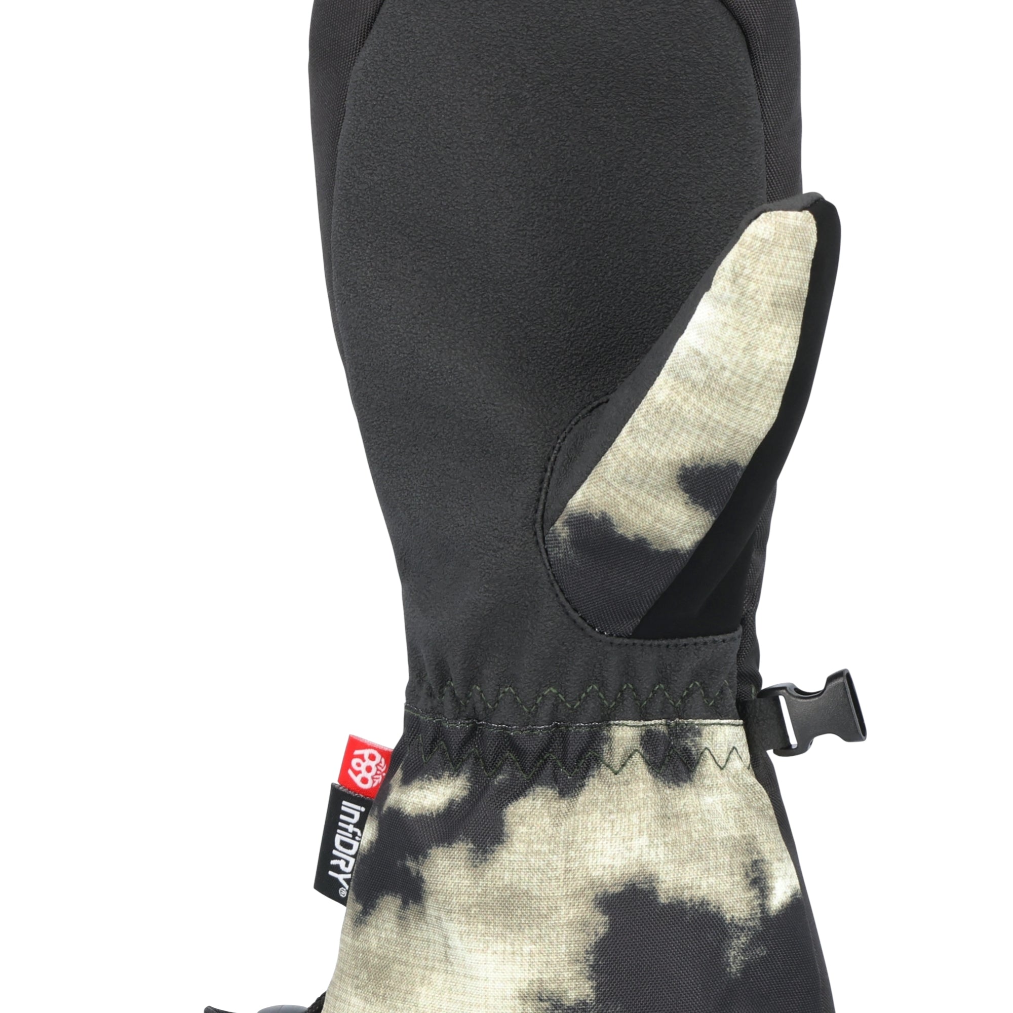The 686 Youth Heat Insulated Mitt 2025 has a black palm with a cream-colored tie-dye pattern on its back and thumb.