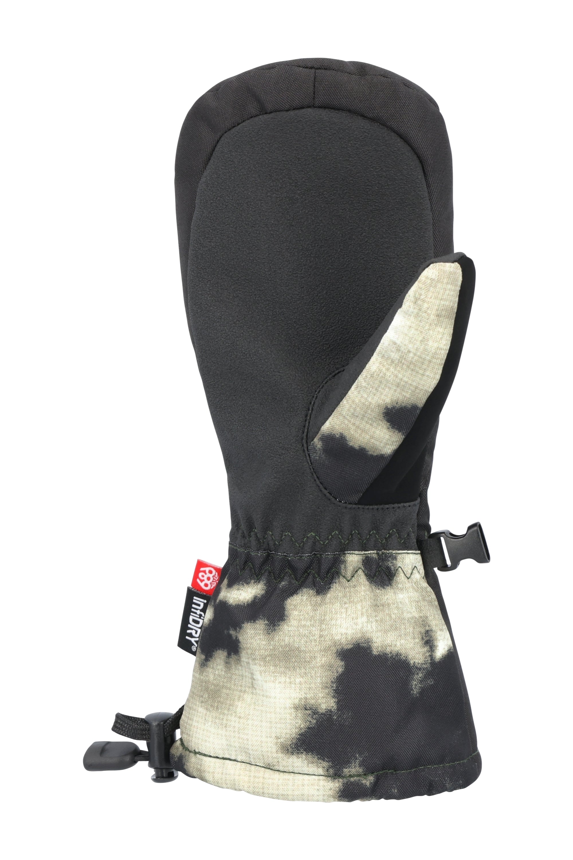 The 686 Youth Heat Insulated Mitt 2025 has a black palm with a cream-colored tie-dye pattern on its back and thumb.