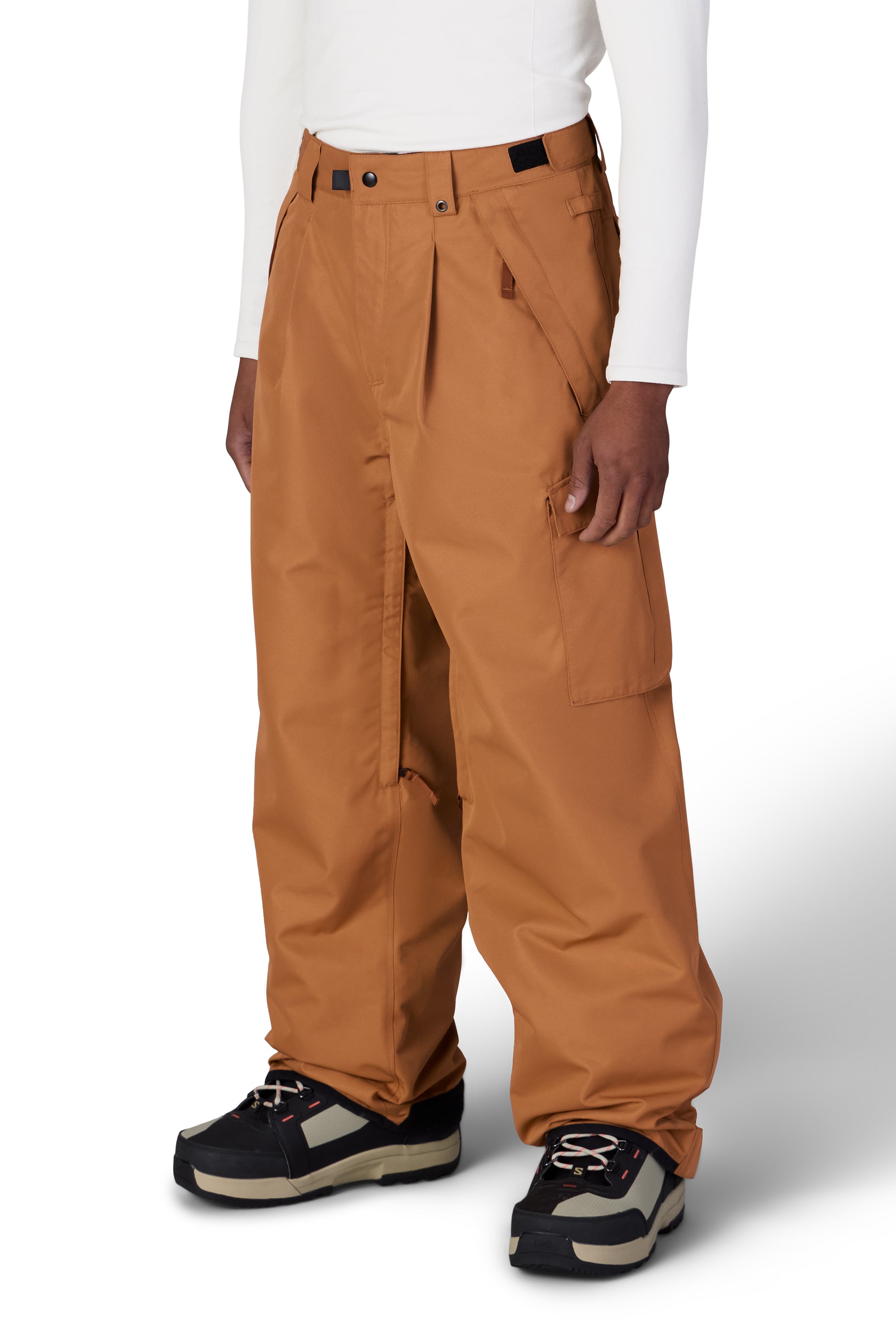 Men's caramel cargo pants with button waistband, front pockets, and cargo flap details