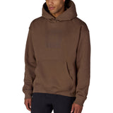 Earth-brown pullover hoodie with drawstring hood and kangaroo pocket, side view