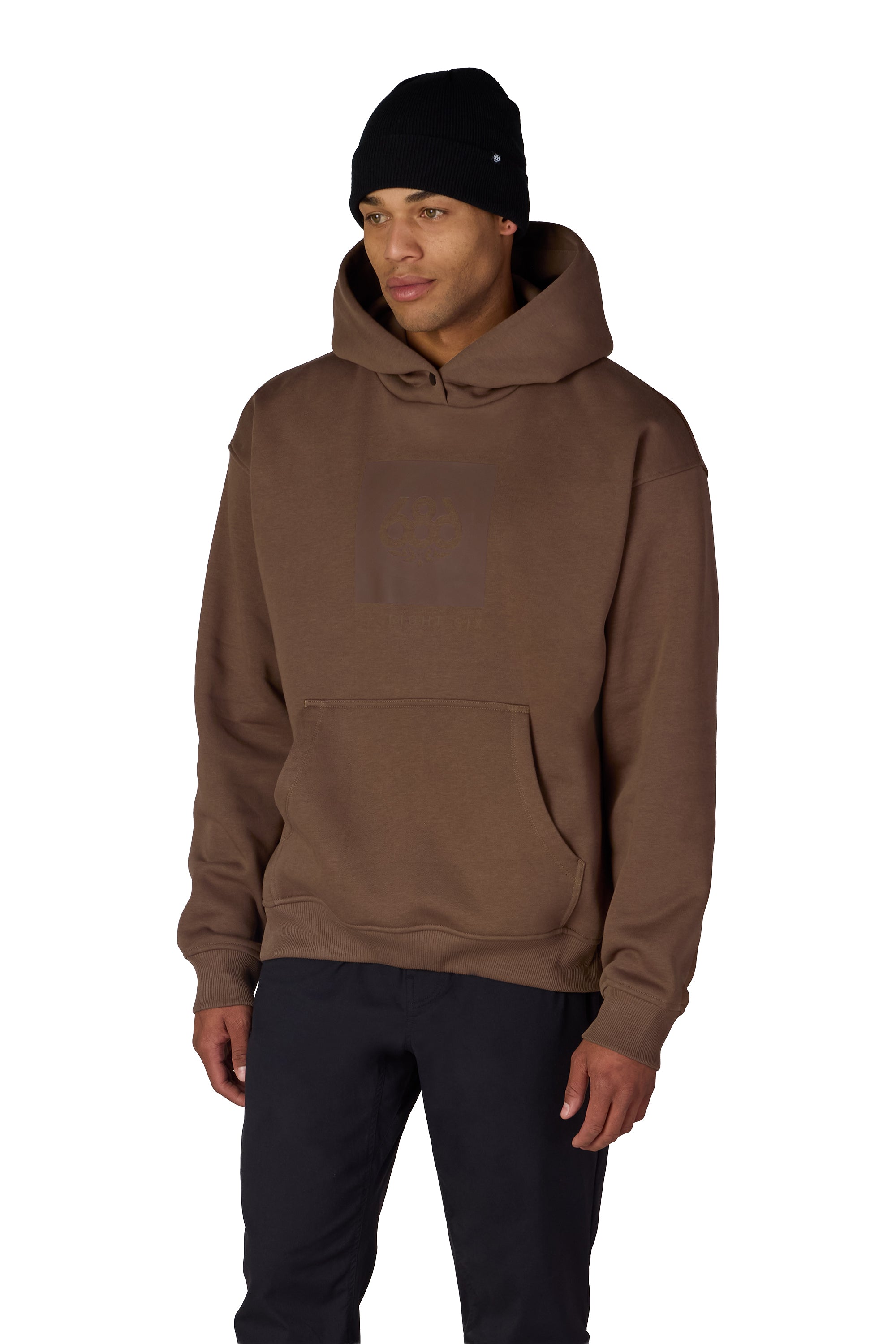 Earth-brown pullover hoodie with drawstring hood and kangaroo pocket, side view