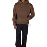 Earth-brown pullover hoodie with front kangaroo pocket and drawstring hood
