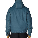 Men's hooded insulated denim jacket, back view with adjustable hood and hem