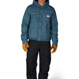 Men's hooded insulated denim jacket, button front, chest flap pockets