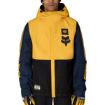 Men's insulated ski jacket, yellow hood with logo emblem, navy sleeves, black lower panels