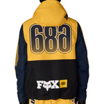 Men's insulated jacket with hood up, yellow and navy with large 686d back graphic