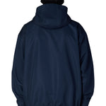 Men's navy hooded ski jacket, back view with elastic cuffs