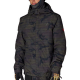 Men's insulated camo jacket with adjustable hood, front zipper, and side patches