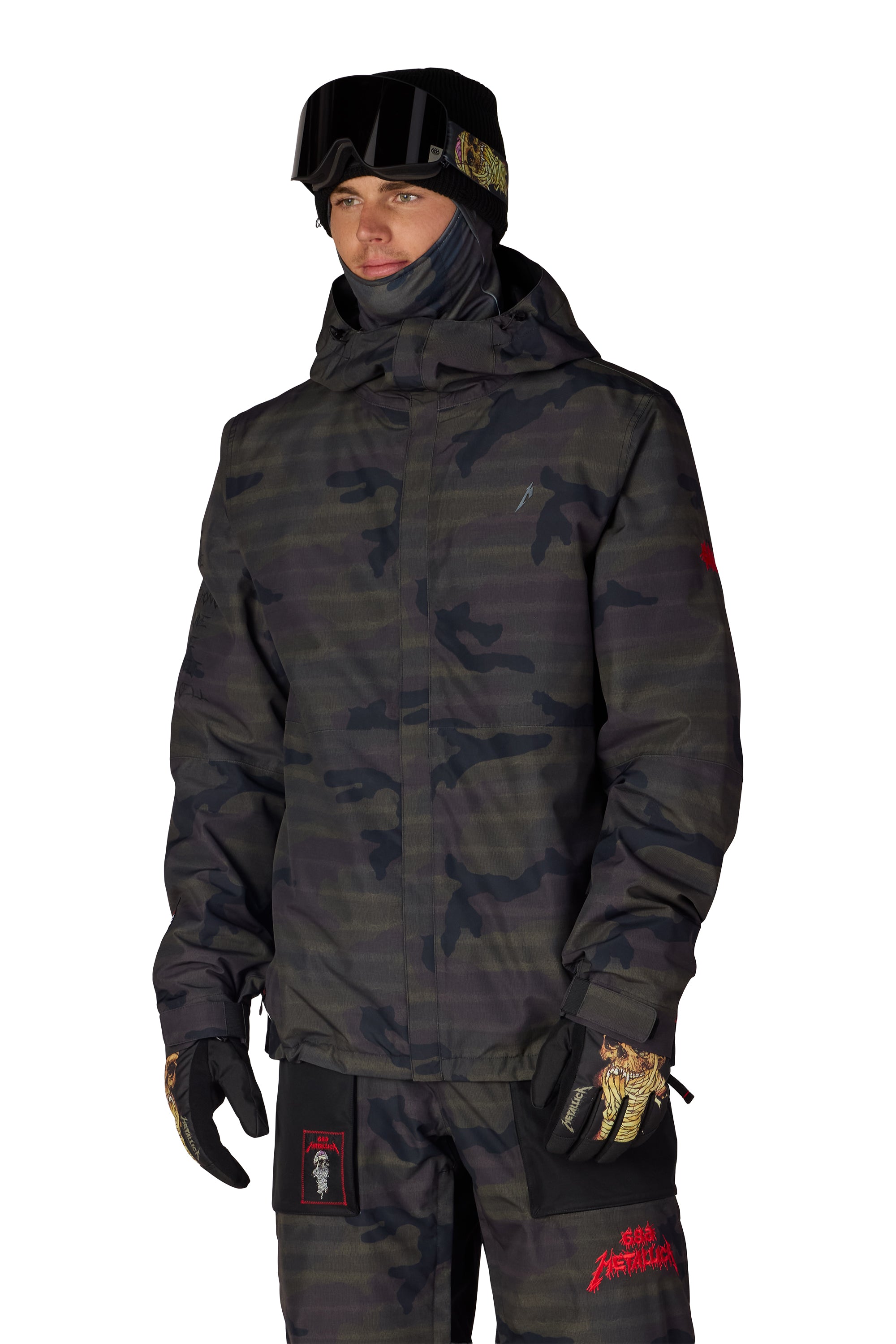 Men's insulated camo jacket with adjustable hood, front zipper, and side patches