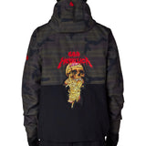 Men's insulated camo jacket, back view with hood and Metallica graphic, front zipper
