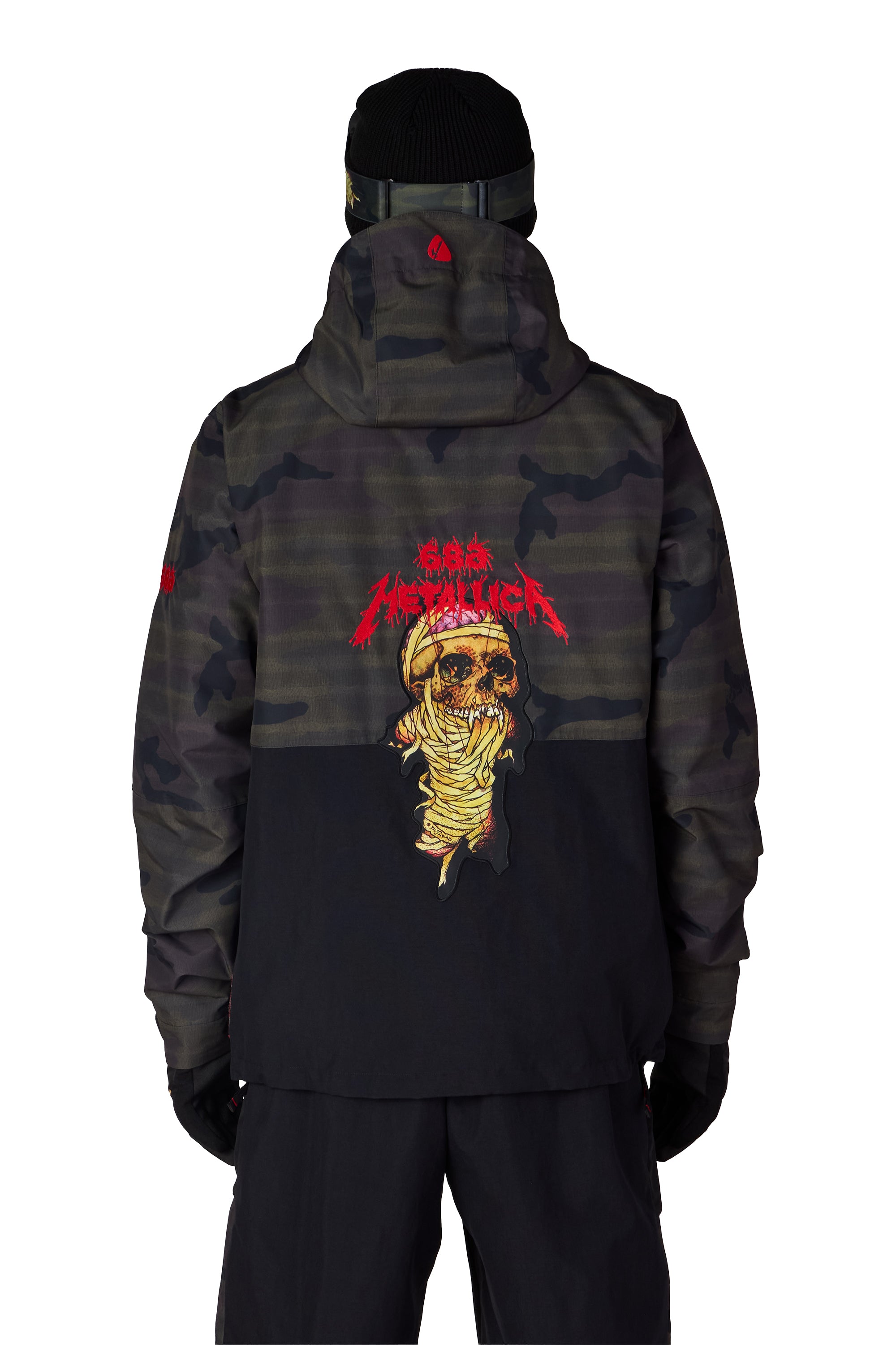 Men's insulated camo jacket, back view with hood and Metallica graphic, front zipper