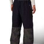 Men's one-shell ski pants with elastic waist, dark camo lower half and black upper