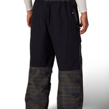 Men's one-shell ski pants with elastic waist, dark camo lower half and black upper