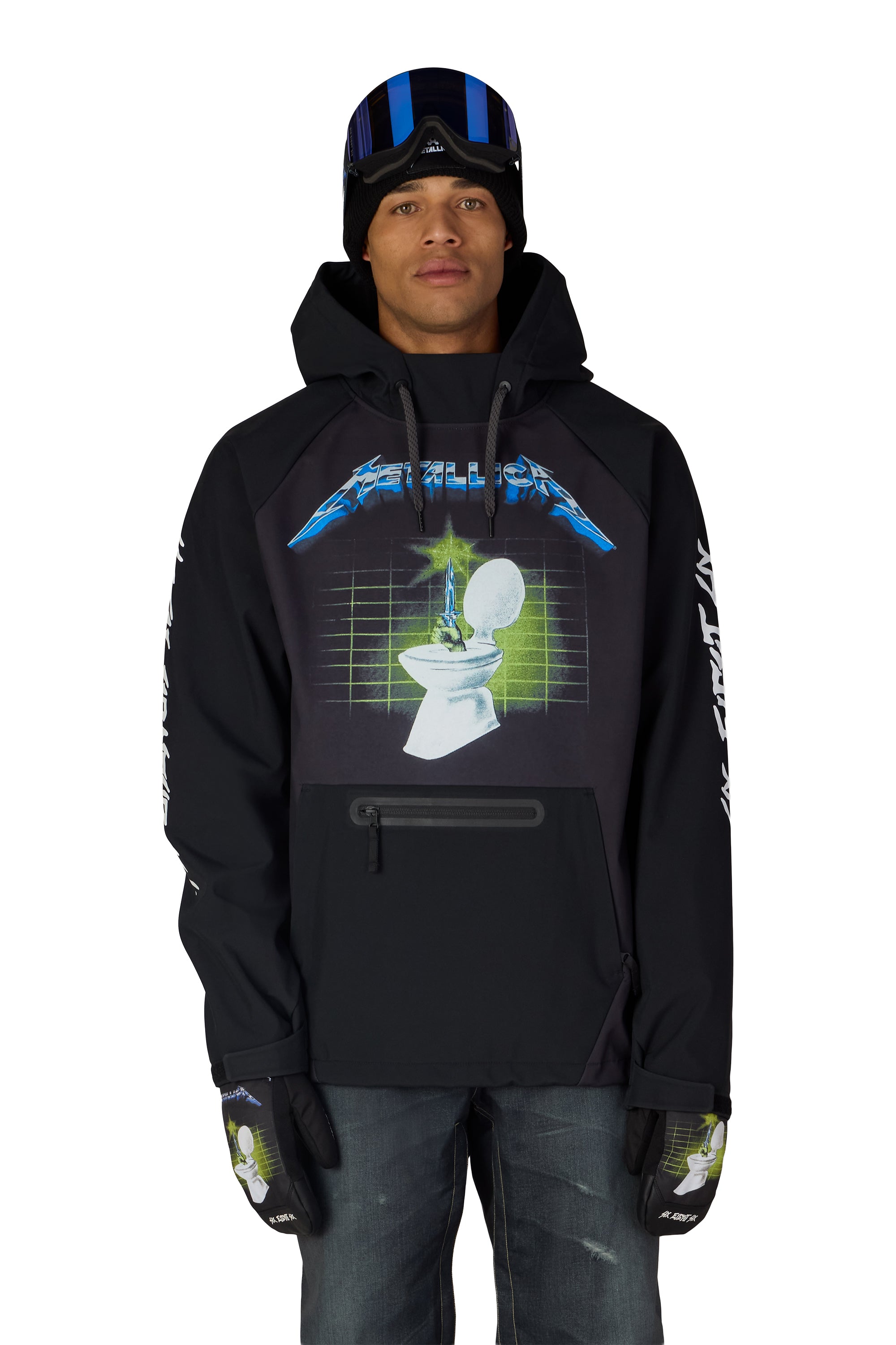 Black waterproof hoodie with large front logo graphic, adjustable hood and kangaroo pocket