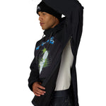 Black waterproof hoodie side view with graphic print and adjustable hood