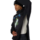 Black waterproof hoodie side view with graphic print and adjustable hood