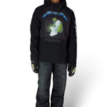 Black waterproof men's hoodie with central graphic, adjustable hood, kangaroo pocket