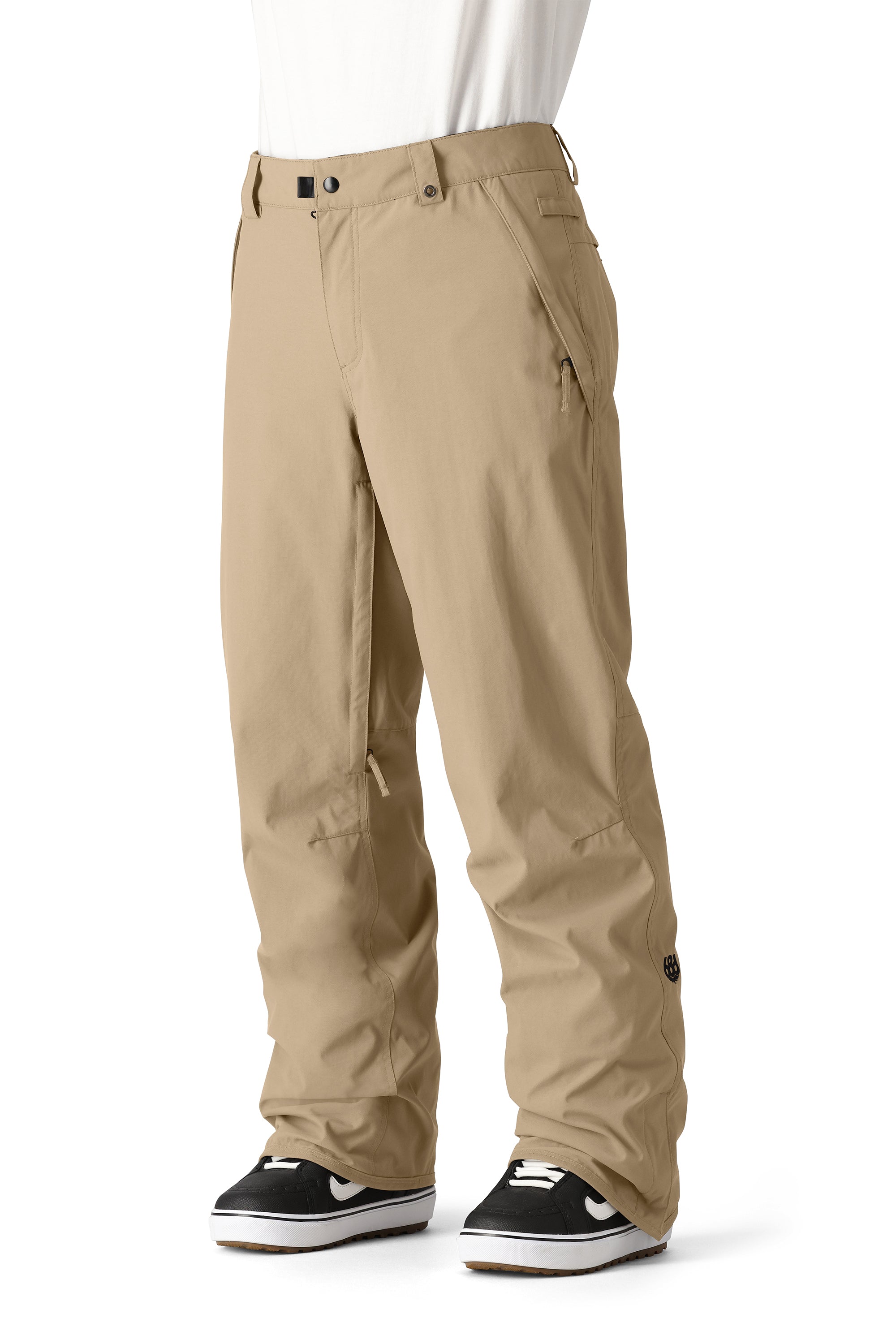 Men's khaki shell pants with drawstring waist and cargo-style pockets