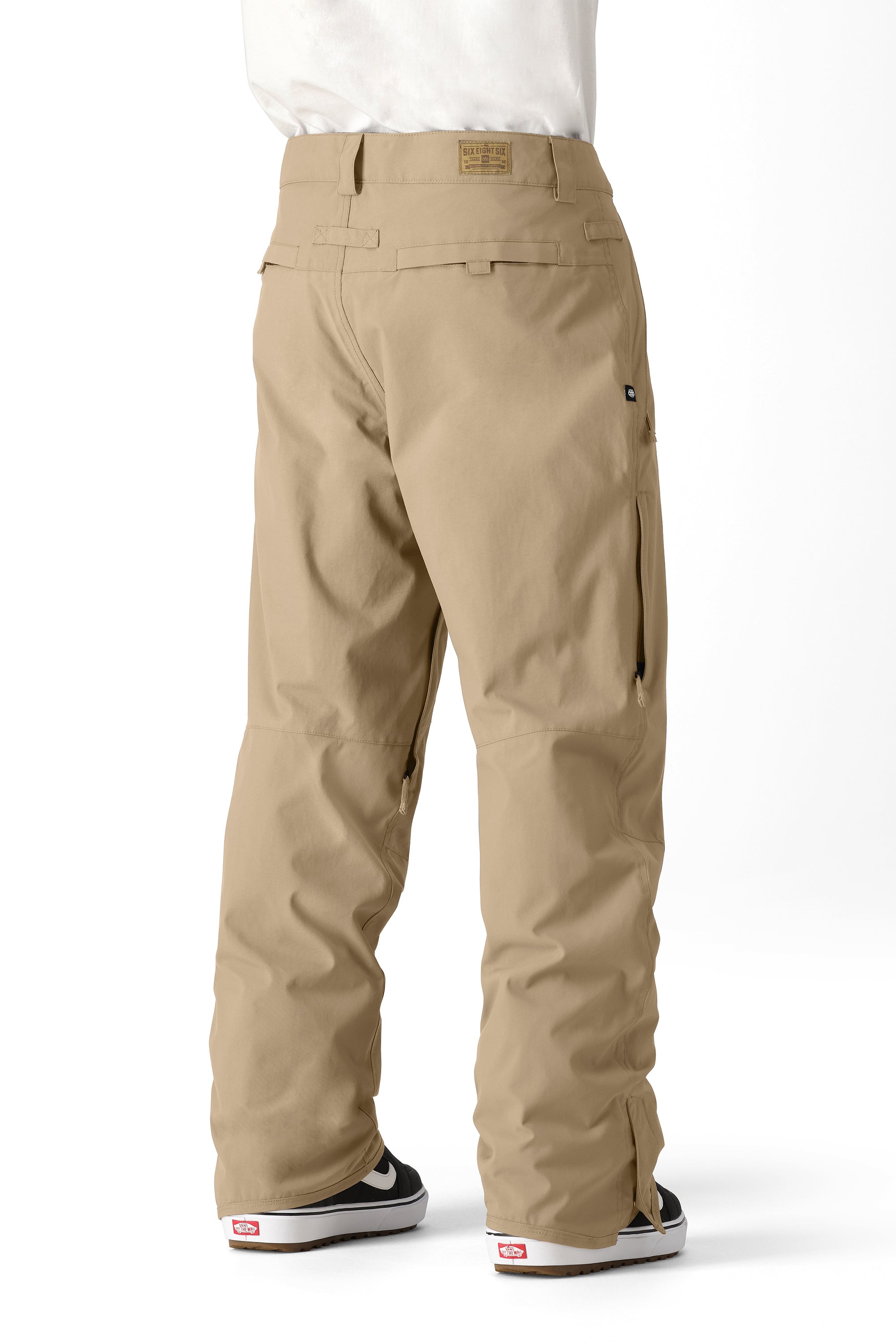 Men's khaki shell pants front view with belt loops and cargo pocket