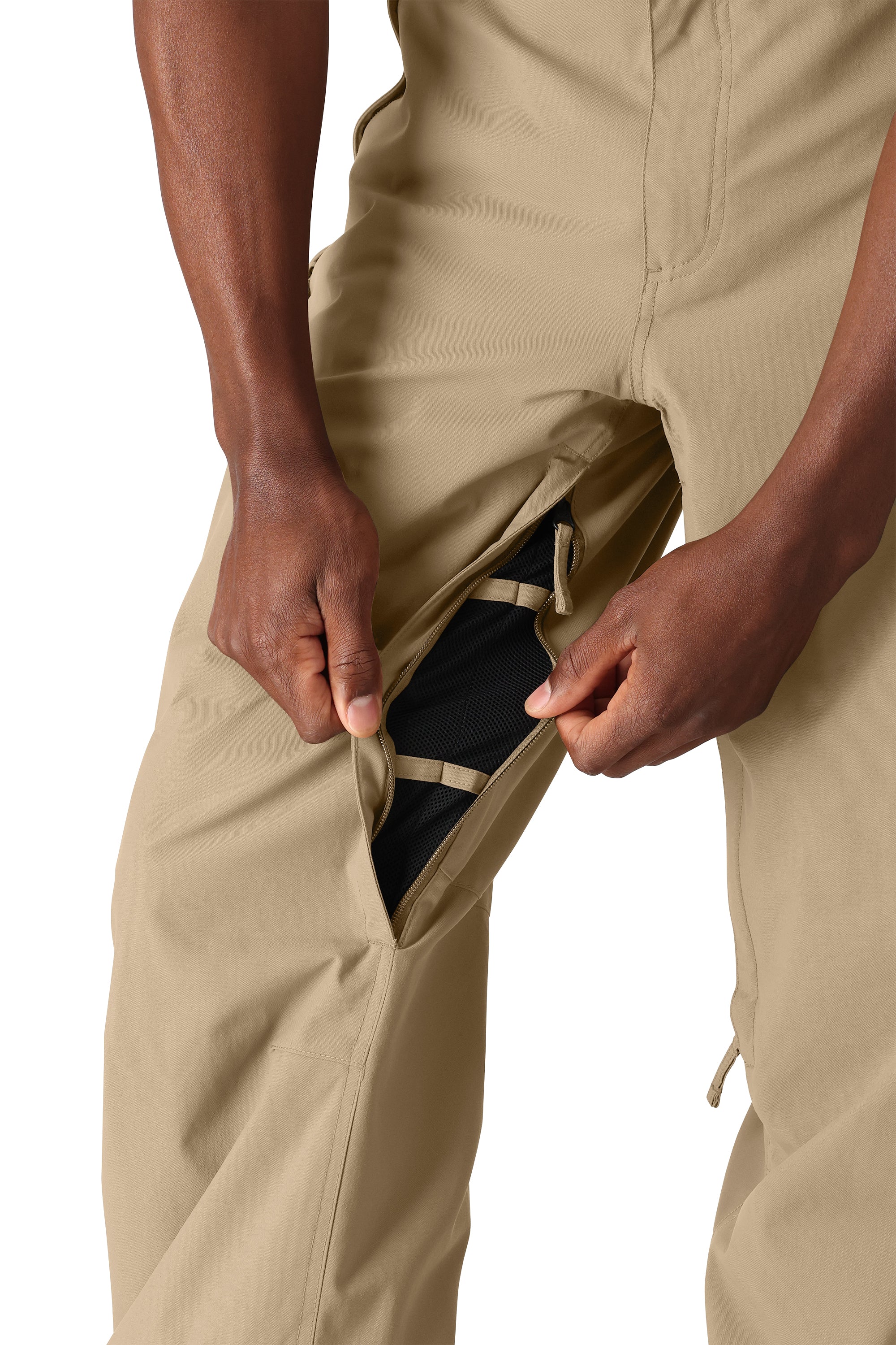Men's khaki shell pants close-up of front zipper and pocket