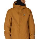 Men's insulated bronze jacket with attached hood, full zipper, chest logo, and hand pockets.