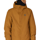 Men's insulated bronze jacket with attached hood, full zipper, chest logo, and hand pockets.