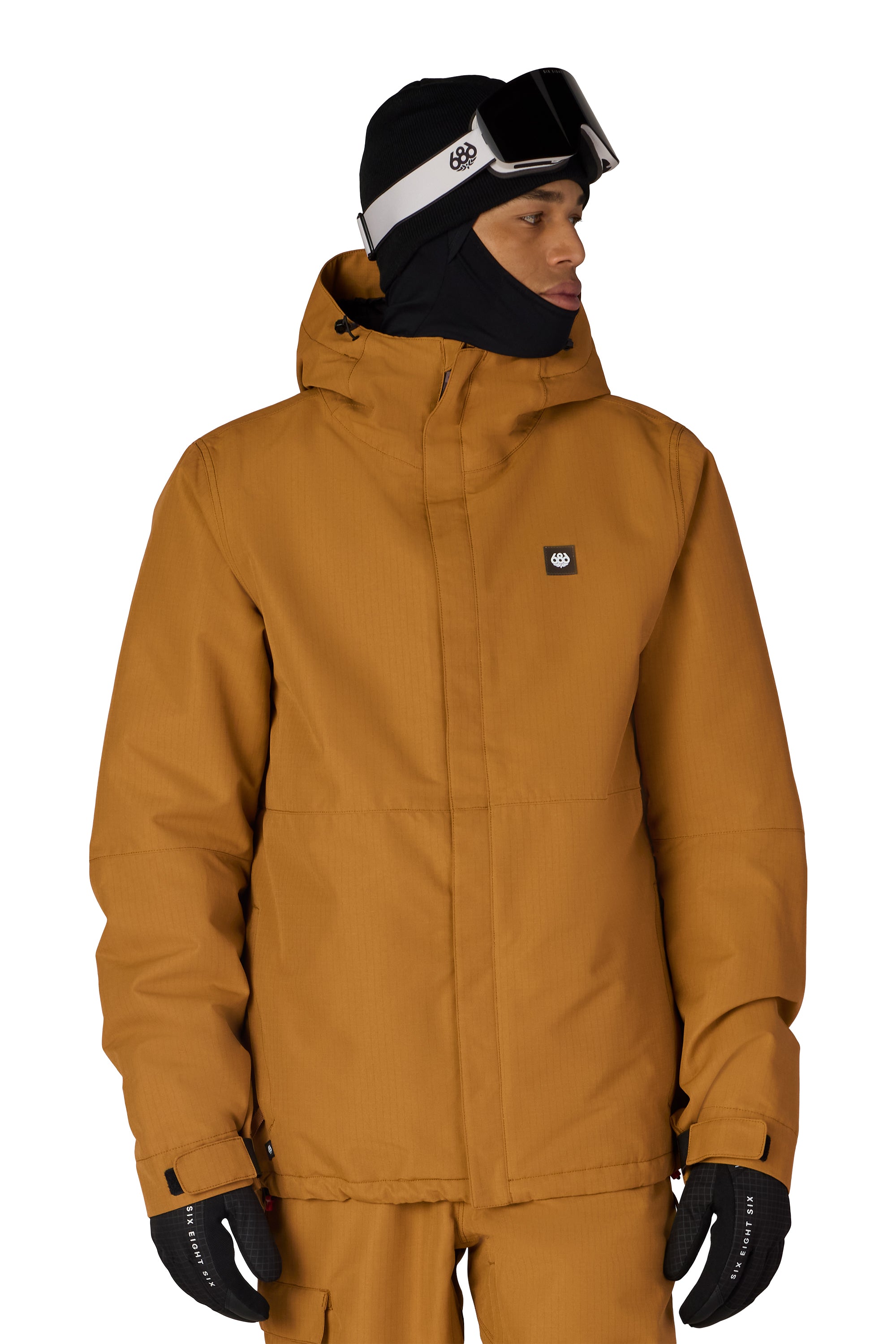 Men's insulated bronze jacket with attached hood, full zipper, chest logo, and hand pockets.