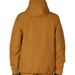 Men's insulated jacket in bronze with attached hood, center front zipper, and elastic cuffs.