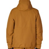 Men's insulated jacket in bronze with attached hood, center front zipper, and elastic cuffs.