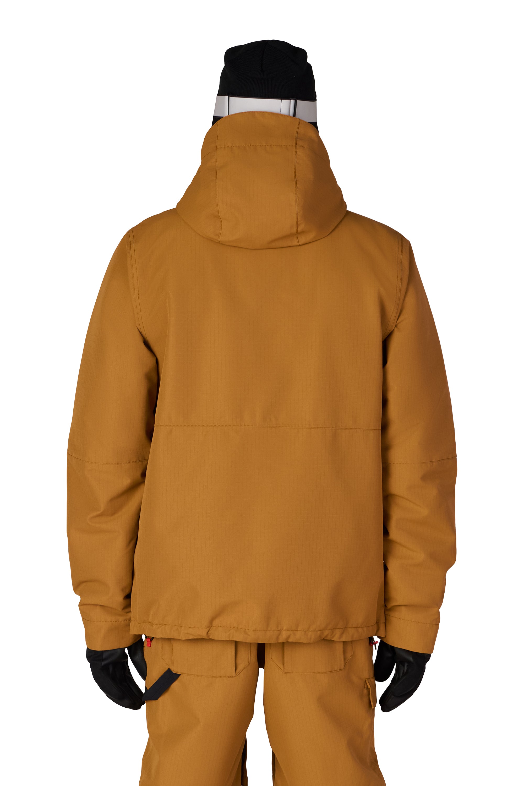 Men's insulated jacket in bronze with attached hood, center front zipper, and elastic cuffs.