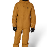 Men's insulated bronze jacket with attached hood, full zipper, hand pockets, and elastic cuffs.