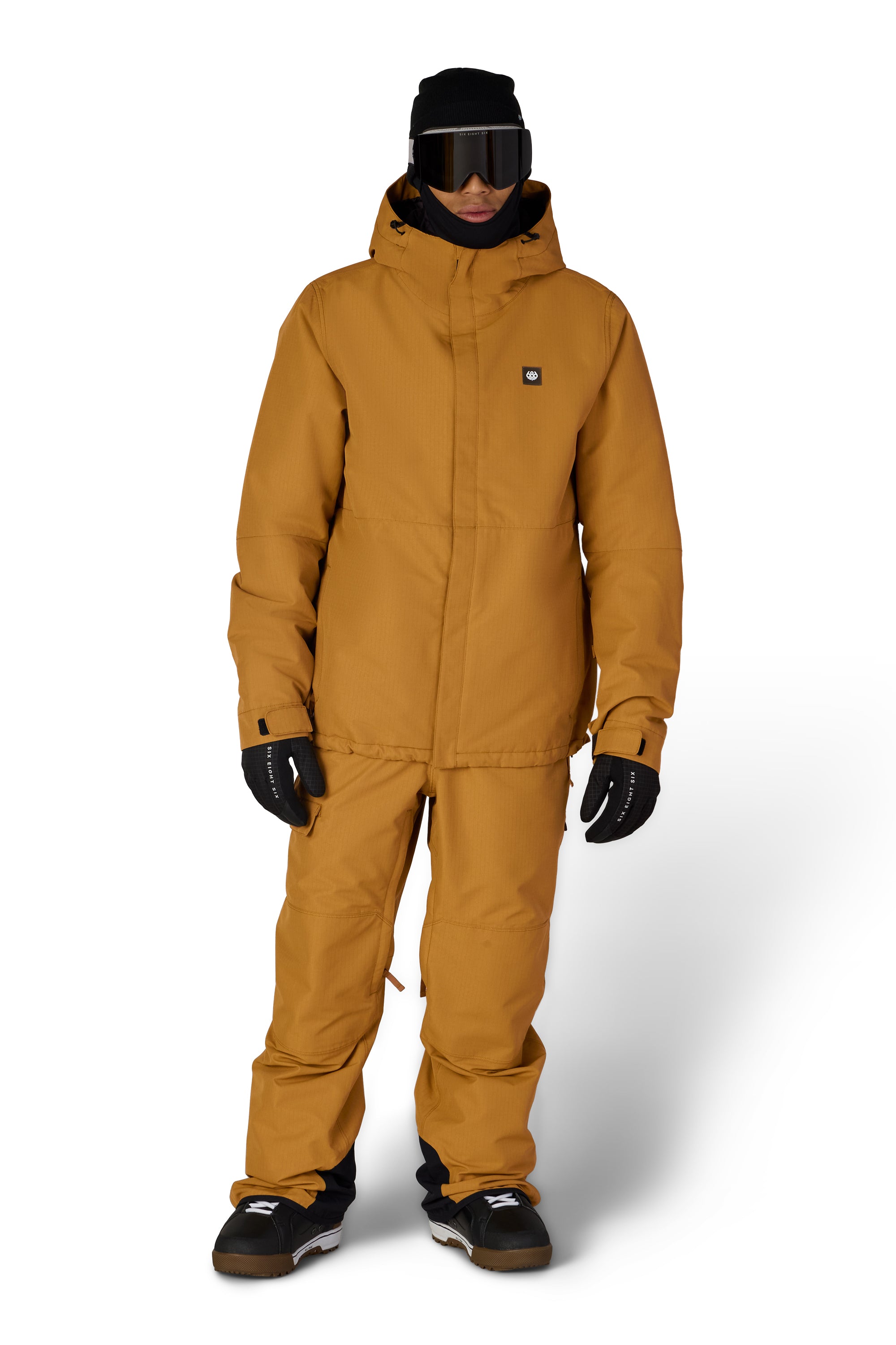 Men's insulated bronze jacket with attached hood, full zipper, hand pockets, and elastic cuffs.