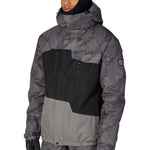 Men's insulated ski jacket with gray camouflage hood and black front panels