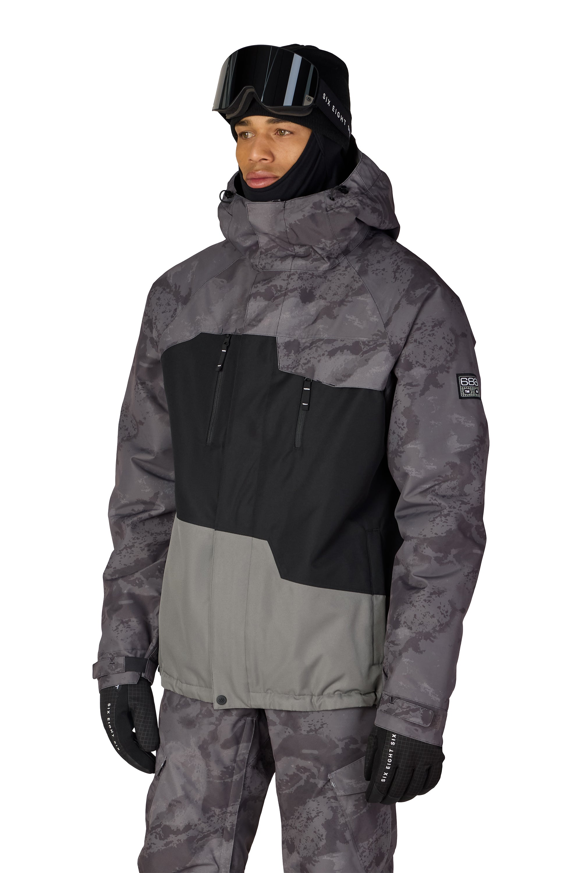 Men's insulated ski jacket with gray camouflage hood and black front panels