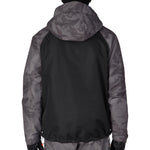 Men's insulated ski jacket back view in black with gray camouflage hood and sleeves