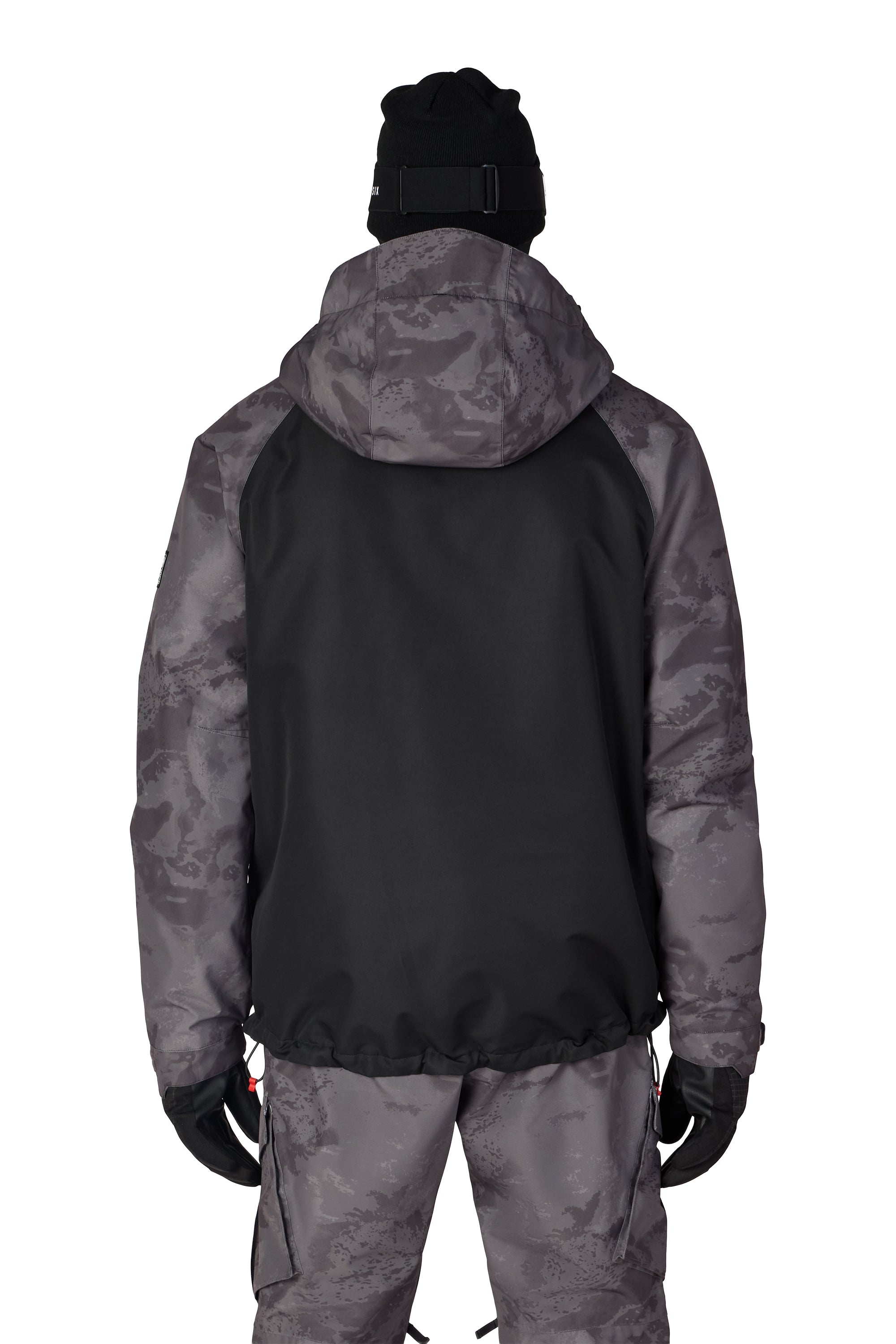 Men's insulated ski jacket back view in black with gray camouflage hood and sleeves