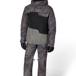 Men's insulated ski jacket with gray camouflage sleeves and black center panel