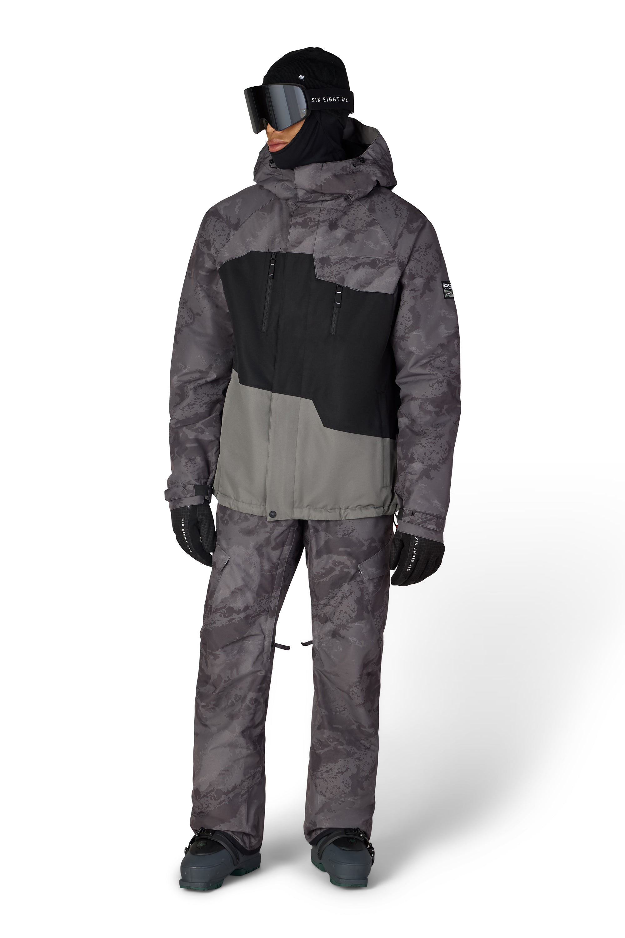 Men's insulated ski jacket with gray camouflage sleeves and black center panel