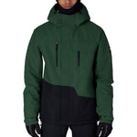 Men's insulated ski jacket in deep green with black base panel and chest accents