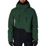 Men's insulated ski jacket in deep green with black base panel and chest accents