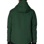 Men's insulated ski jacket back view in dark green with hood and black trim