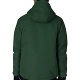 Men's insulated ski jacket back view in dark green with hood and black trim